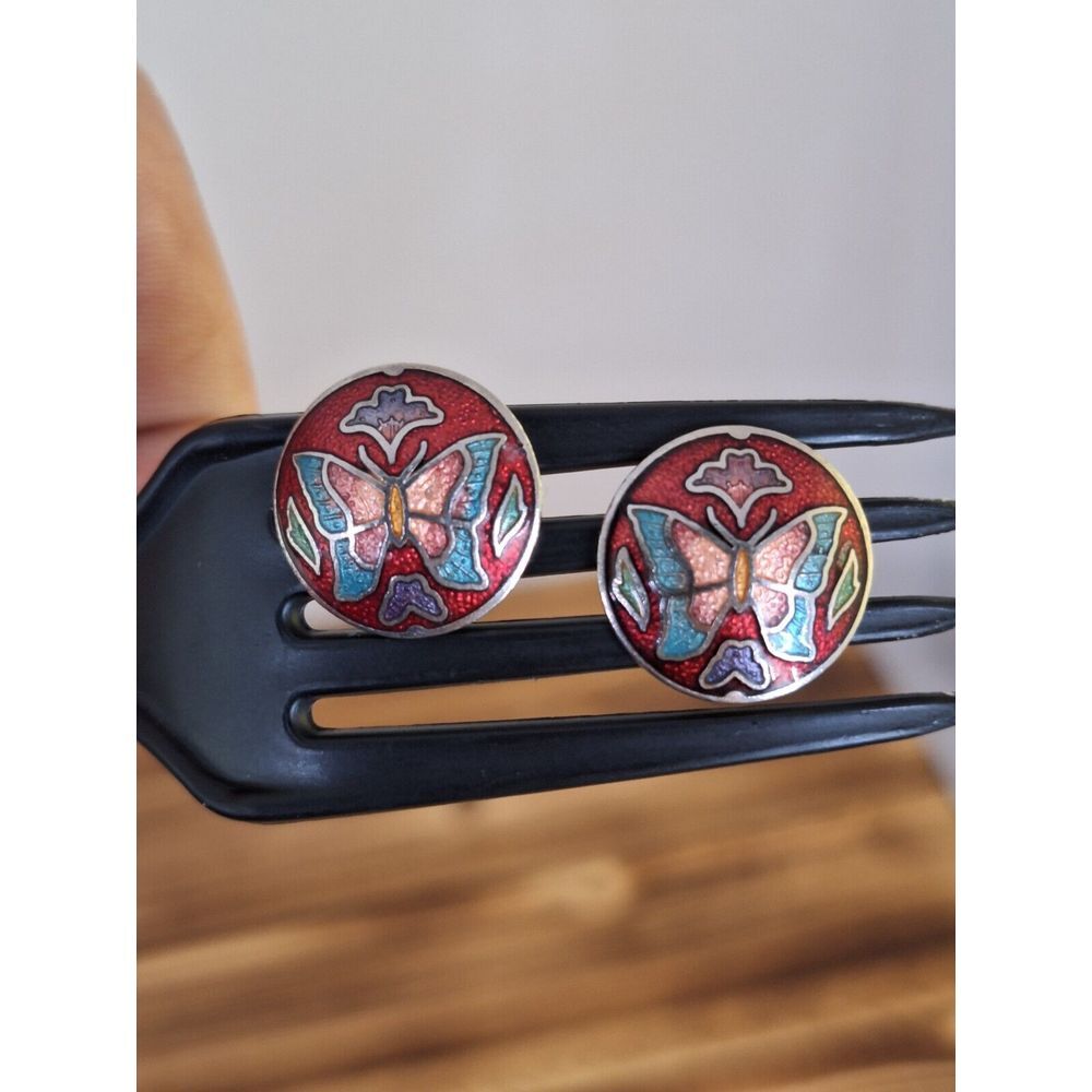 Vintage 80s Earrings Red Enameled‎ 5/8" Floral Butterfly Colorful Cloisonne